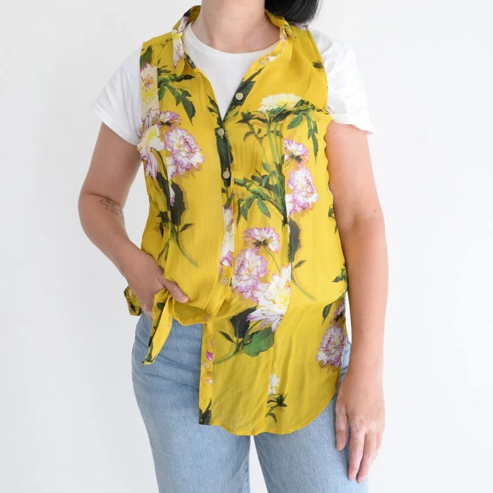 Maeve Duchess Yellow Floral Button Up  Tank Tunic Blouse 8